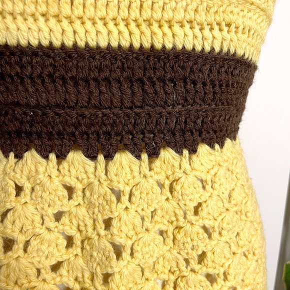 Gold and brown crocheted sleeveless mini dress - size medium - Picture 3 of 9